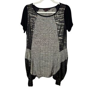 Simon Chang Asymmetric Tunic Black Gold Metallic Short Sleeve Artsy Top Size M